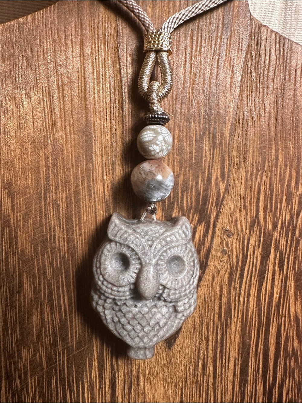 Alashan Agate Owl Pendant Necklace with Sunstone and Coral Fossil on Rope - Picture 4 of 12